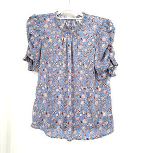 Carolina Belle Blouse Medium Blue Short Ruched Sleeve Dotted Swiss Ruffle Neck